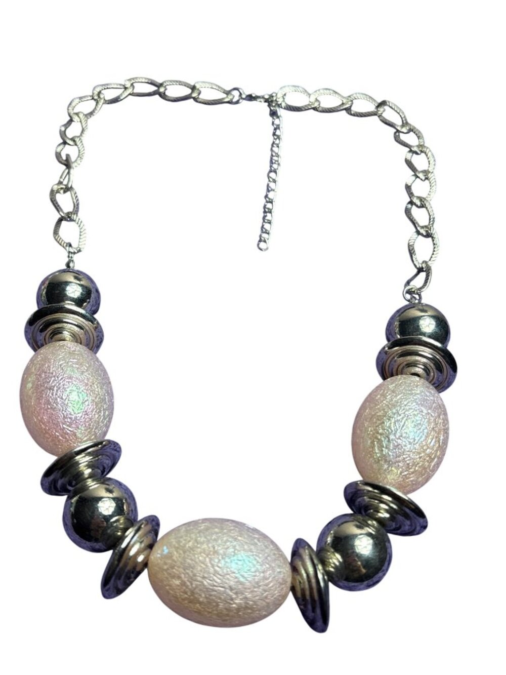 Chunky Beaded Necklace Pink Iridescent Plastic Silvertone 18 -21 inches Long